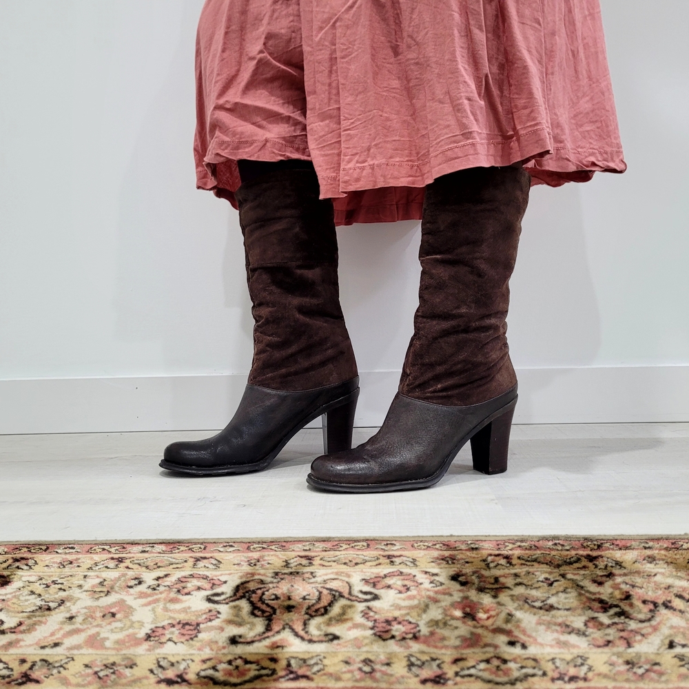 Women's Brown Suede & Leather Wood Heeled Boots - Picture 1 of 10